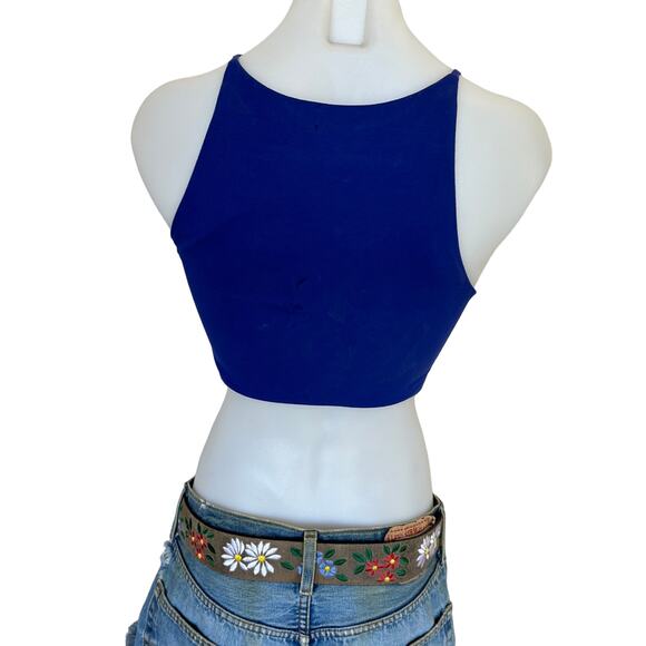 Superdown Crop Top Blue SMALL Upcycled Embroidered Om Nom Bodycon Unique Cami - Picture 4 of 5